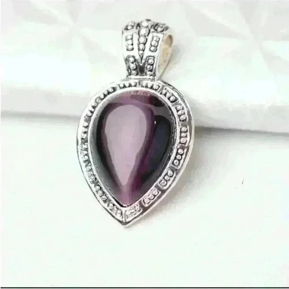 Purple Teardrop Stone Boho Pendant Silver Tone -Amethyst Style